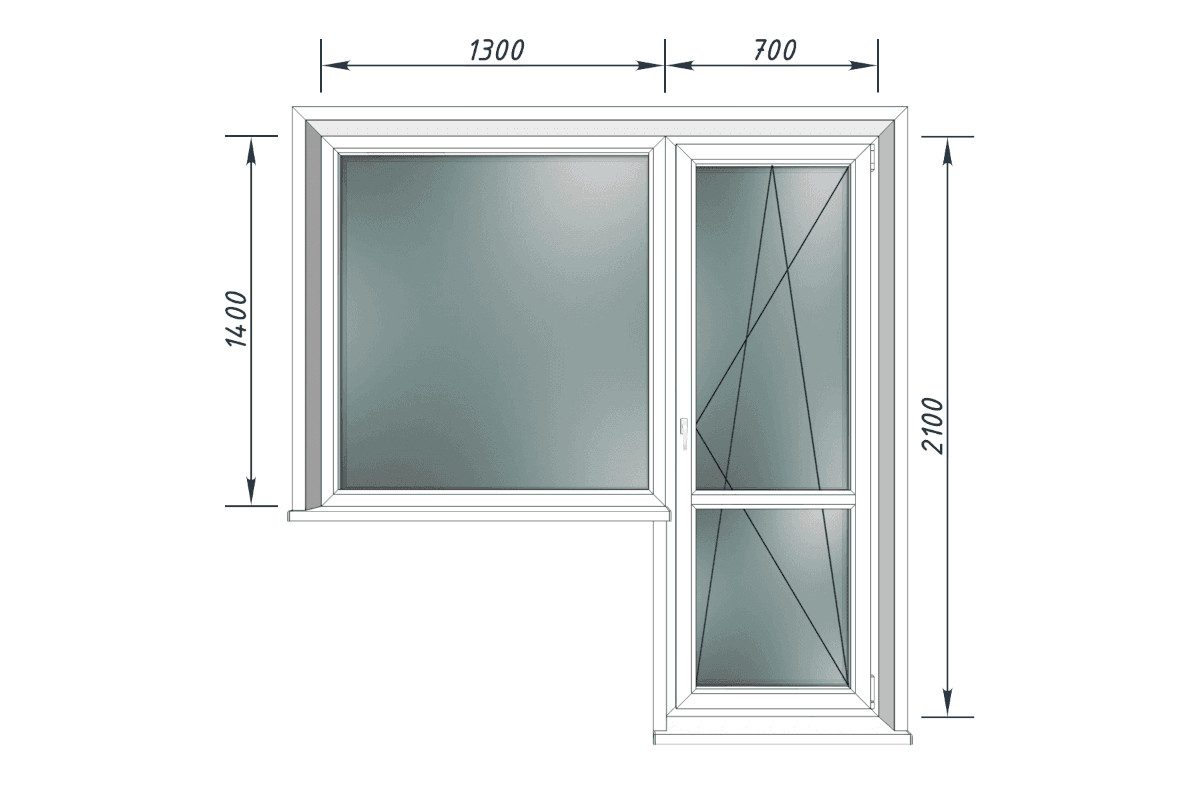 Балконный блок KBE 70 мм, дверь 700x2100 мм, окно 1300x1400 мм